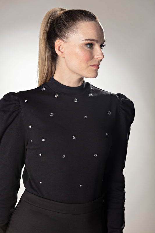 Puff Sleeve High Neck Jersey Black Top